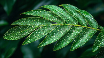 Poster - Vibrant leaves sparkle with an array of water droplets, illuminated by soft light filtering through a tranquil garden after a rejuvenating rain. Nature's beauty unfolds in radiant detail