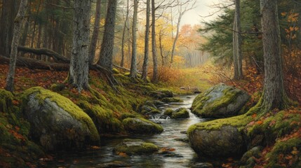 Wall Mural - Serene Autumn Stream in a Tranquil Forest