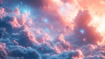 Poster - Vibrant pastel sky filled fluffy clouds in shades of pink and blue surrounded by sparkling stars and glowing orbs creating a peaceful and colorful celestial landscape