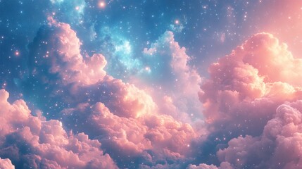 Poster - Vibrant pastel sky filled fluffy clouds in shades of pink and blue surrounded by sparkling stars and glowing orbs creating a peaceful and colorful celestial landscape