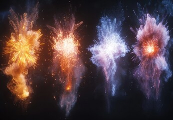 Poster - Colorful Explosive Fireworks Display with Orange, Blue, White, and Purple Bright Sparks of Energy in Dark Background for Background or Celebration Use