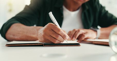 Poster - Man, journalist and writing hands in office, professional inspiration and planning for article. Notebook, news agency and brainstorming information for column in workplace, person and story ideas
