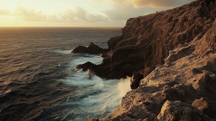 Canvas Print - Ocean Waves Crashing Against Rugged Cliffs at Sunset