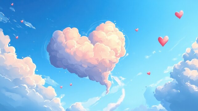 A charming cartoon cloud blowing heart-shaped winds across a bright sky