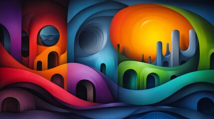 Poster - colorful painting of a cityscape with a large orange sun in the background. the painting is full of 