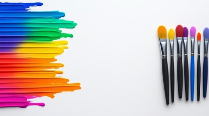 Poster - Colorful painting with a rainbow and a white background. The painting is full of vibrant colors and brush strokes. The brushes are lined up next to the painting