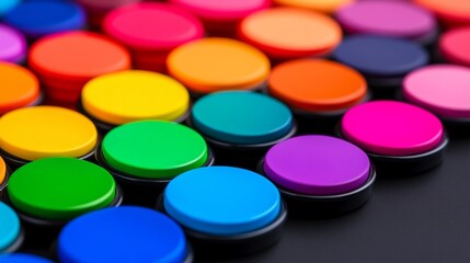 Poster - Row of colorful buttons with a rainbow pattern. The buttons are all different colors and sizes. Concept of fun and creativity