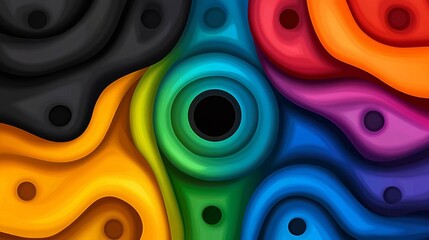Poster - Colorful abstract painting with a black hole in the middle. The painting is full of circles and swirls, and the colors are vibrant and bold