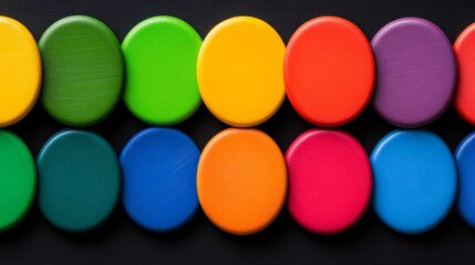 Poster - Row of colorful wooden circles are lined up on a black background. The circles are of different sizes and colors, creating a visually appealing and vibrant display