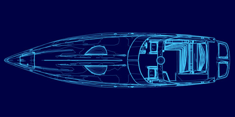 Poster - Blue boat with a blue background. The boat is shown in a blue color scheme