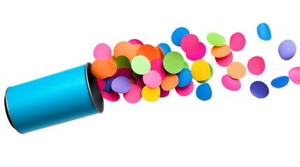 Poster - Blue can with a bunch of colorful confetti inside. The confetti is scattered all over the image, creating a sense of celebration and joy