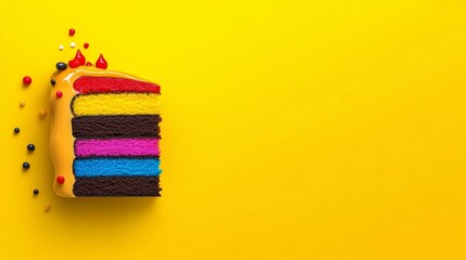 Poster - Colorful cake with a yellow background. The cake is cut into slices and has a red and yellow frosting