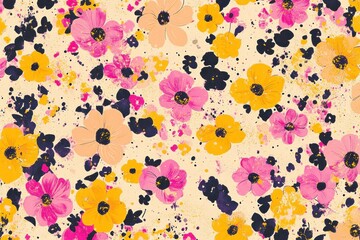 Canvas Print - Vibrant floral pattern featuring pink and yellow flowers on a beige background, perfect for spring or summer design projects