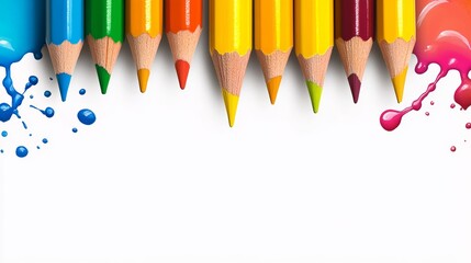 Poster - Row of colored pencils with a splash of paint on the background. The pencils are arranged in a line, with the colors ranging from blue to yellow. The splash of paint adds a sense of creativity