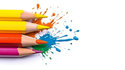 Poster - Row of colored pencils with a splash of paint on the side. The pencils are arranged in a row, with the blue one in the middle and the red one on the far left