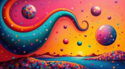 Wall Mural - An energetic surreal composition featuring bright swirling shapes, confetti-like dots, and vivid gradients blending pink, orange, and yellow.