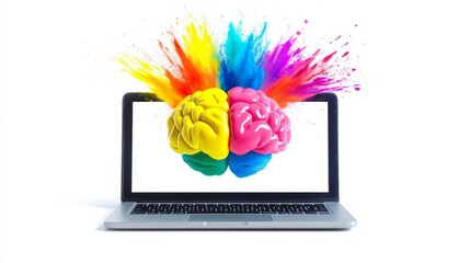 Poster - Colorful brain is displayed on a laptop screen. The brain is split into two halves, each with a different color. Concept of creativity and the importance of thinking outside the box