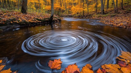 Wall Mural - Autumnal Stream with Whirlpools and Fallen Leaves