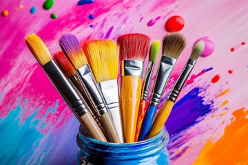 Poster - Jar of paint brushes with a colorful background. The brush strokes are vibrant and lively, suggesting a creative and artistic atmosphere