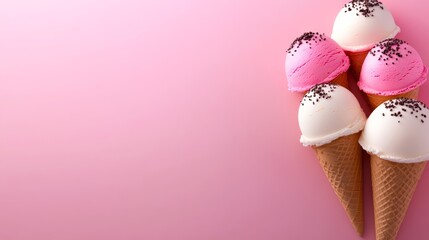 Poster - Pink background with four ice cream cones on it. The cones are arranged in a row