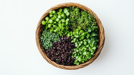 Wall Mural - Assortment of Vibrant Microgreens in Rustic Basket, Overhead View, Healthy Eating Concept