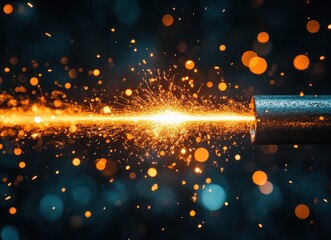 Poster - Dynamic Spark Emission from Metal Rod in Dark Background, Creating Bright Glowing Particles and Stunning Light Effects for Industrial or Creative Use