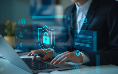 Poster - Cybersecurity Data Protection: A professional safeguards sensitive data with a virtual shield, representing online security, encryption, privacy, and the protection of   
