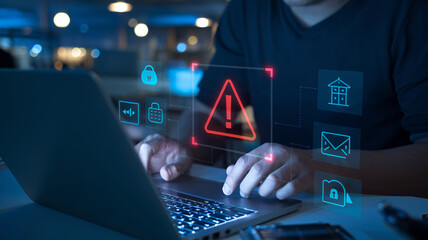 Poster - Cybersecurity Alert: Businessman on Laptop Facing Digital Threat. A concept image depicting a businessman working on his laptop, highlighting the risks of cybercrime,    
