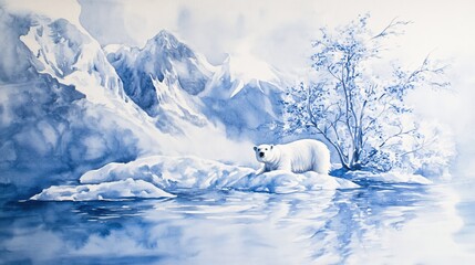 Polar bear on ice floe with mountain backdrop in watercolor painting style in blue and white