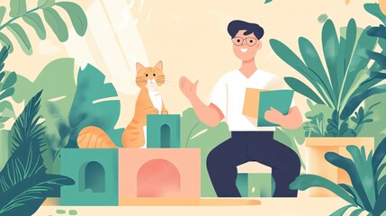 Poster - Man and Cat with Geometric Blocks and Plants in a Light and Airy Illustrated Scene