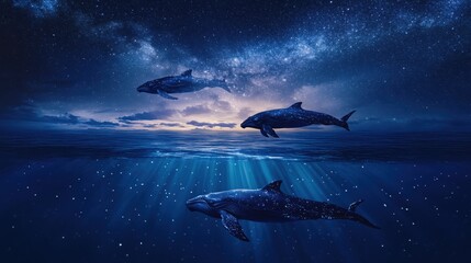 Poster - Whales swimming under a starry sky with light rays in deep blue ocean water fantasy scene