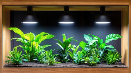 Poster - Modern indoor aquarium with green plants and three black lights in a wooden frame