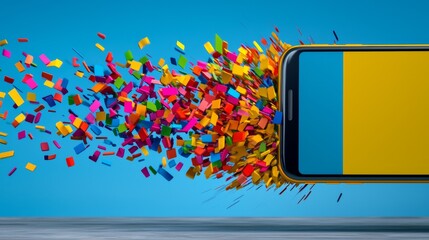 Poster - Cell phone is shown with a colorful explosion of blocks surrounding it. Concept of excitement and energy, as if the phone is being used to create a vibrant and dynamic scene