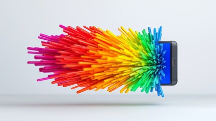 Poster - cell phone is shown with a rainbow of colors surrounding it. concept of excitement and energy, as if