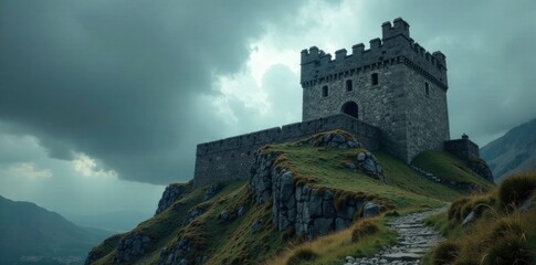 Wall Mural - Towering stone fortress wall against ominous clouds and wind, clouds, windy, heavy