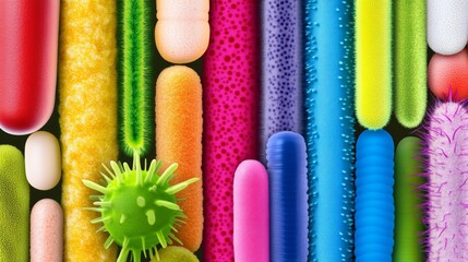 Poster - Colorful array of pillows and a green pillows with a white stripe. The pillows are arranged in a way that they look like they are made of different types of bacteria