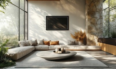 Wall Mural - Serene modern living room, sunlight streaming through large windows.