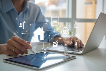 Poster - Streamlining Real Estate: Digital Property Management on Tablet. Interactive Checklists, Housing Icons, Investment Tools for Efficient Property Management and Project    
