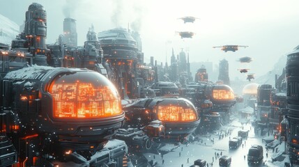 Canvas Print - Futuristic snowy city, glowing domes, flying vehicles.