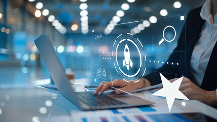 Poster - Businessman Launching Rocket to Growth Target: Startup Success, Investment, Corporate Growth, Planning, Businessman Icon, Rocket Icon, Growing Graph, Target Achievement, 