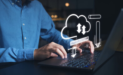 Poster - Digital Transformation: Businessman Downloads & Uploads Data via Cloud Computing, Seamless Data Transfer, Modern Technology, Network Application, Information Technology, 