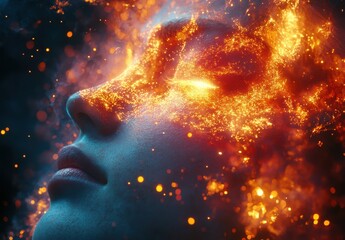 Poster - Ethereal Portrait of a Woman's Face Merging with Cosmic Elements and Glowing Particles in an Artistic Expression of Light and Color