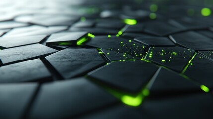 Poster - Abstract dark geometric surface with glowing green cracks.