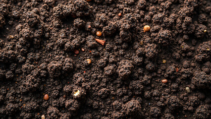 Aerial view of rich, dark fertile soil with granular texture, ideal for gardening magazines, sustainable agriculture websites, and educational materials.