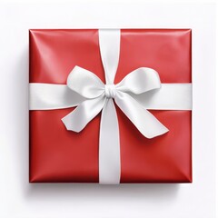 A red gift box with a white ribbon and bow on transparent bg