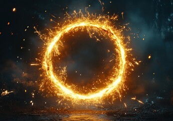 Poster - Glowing Circular Ring of Fire Sparks Surrounded by Dark Atmosphere with Glimmering Light Effects and Mysterious Mood for Creative Projects