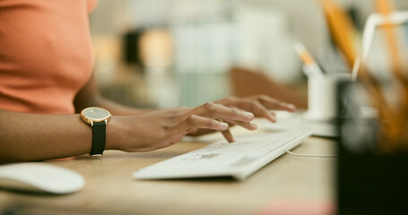 Fototapete - Woman, hands or typing on keyboard on desk, productivity or online work in office. Young person, writing or working on computer for digital strategy, technology or email of project tasks in workplace