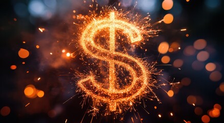 Poster - Glowing Dollar Sign Created from Sparkler Fireworks, Emotional Currency Representation in Dark Background with Bokeh Lights in Artistic Night Scene