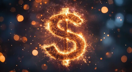 Poster - Glowing Dollar Sign Created with Sparks and Bokeh Effects Against a Dark Background for Financial, Economic, and Investment Themes