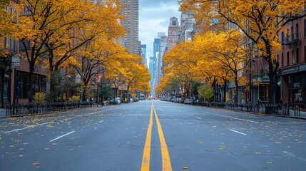 Wall Mural - Autumnal city street, empty road, yellow trees, skyscrapers, fall season, urban landscape, travel photo